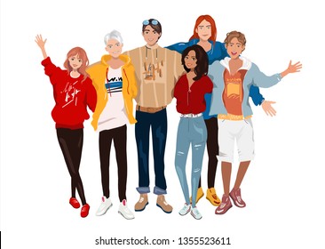 Vector illustration group portrait of smiling friends standing together. Fashion teenage boys and girls embracing each other. Happy people isolated on white background. Detalized cartoon