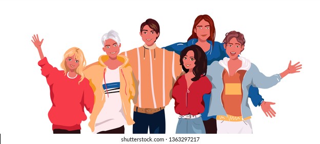 Vector illustration group portrait of smiling friends standing together. Fashion teenage boys and girls embracing each other. Happy people isolated on white background. Detalized cartoon - Shutterstock ID 1363297217