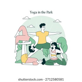 Vector illustration of a group practicing yoga in a park setting, depicting diverse poses and harmony. Simplistic style featuring trees and clouds, highlighting relaxation and mindfulness.