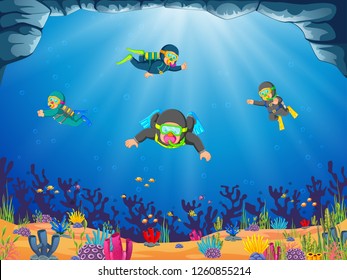 vector illustration of a group of a professional diver are diving under the blue sea