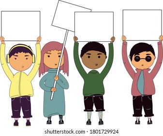 Vector illustration of Group of protest people different gender and race hold signs with political slogans and stand in masks because of pandemic covid-19