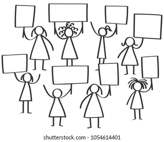 Vector illustration of group of protesting female stick figures, women holding up blank boards isolated on white background