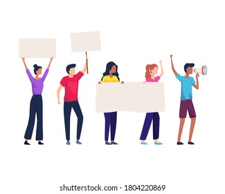 Vector illustration of Group of protesting people. Crowd of protesting people holding banners and placards. Group of male and female protesters or activists. Vector in flat style