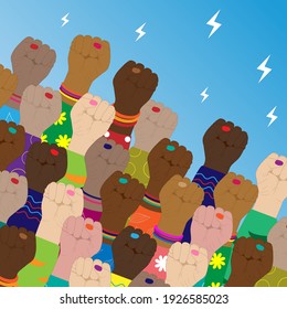 Ilustración vectorial de un grupo de mujeres que protestaban de diferentes nacionalidades y razas levantaron sus puños. El concepto de manifestación, unidad, feminismo, protesta, manifestación.