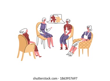 Vector illustration group psychotherapy session among women. They share problems, everyone solves them for themselves with help psychotherapist. This is shown symbolically in form assembled puzzle.
