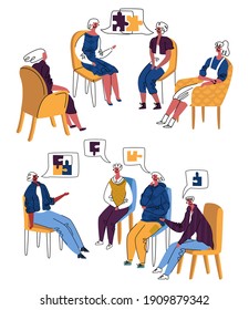 Vector illustration group psychotherapy session among women, men. They share problems, everyone solves them for themselves, help psychotherapist. This is shown symbolically in form assembled puzzle.