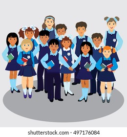 Vector illustration. A group of pupils of different nationalities in uniform. Portrait in full growth.