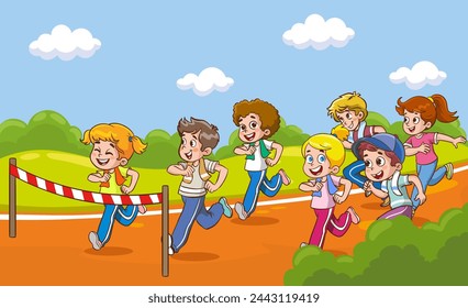 Vector illustration of a group of racer kids running towards the finish line.kids running race.