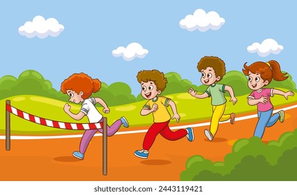 Vector illustration of a group of racer kids running towards the finish line.kids running race.