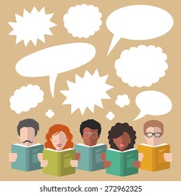 Vector illustration of group of reading people icons with blank speech bubbles in flat style