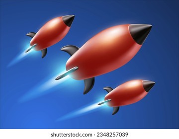 Vector illustration of group of red flying spaceship on blue color background with flame. 3d vector style design of business startup rocket for web, site, banner, poster, print