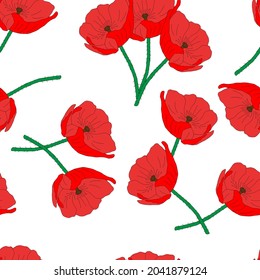 Una ilustración vectorial de un grupo de flores rojas de amapola aisladas en un fondo blanco. Patrón transparente