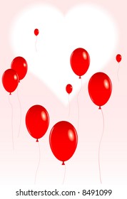 vector illustration of a group of red valentine balloons floating in front of a heart shaped background