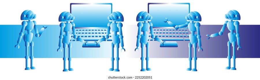 Vector illustration group of robots working on computers, digital construction, intelligent system, future technology futuristic background. Development Ai.