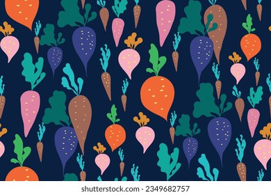 Vector illustration of a group of root vegetables. Seamless pattern with carrots, radishes, beets, turnips... on a dark blue background in a bright trending color palette. Original creative design.