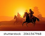 Vector illustration of a group of samurai on horseback with historical japanese castle on the background