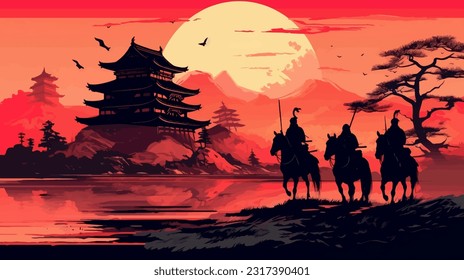 Vector illustration of a group of samurai on horseback with historical japanese castle on the background illustration. Vector illustration of a group of samurai