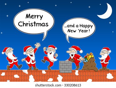 vector illustration of group of  santas at work on a roof