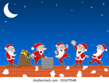 vector illustration of group of  santas at work on a roof