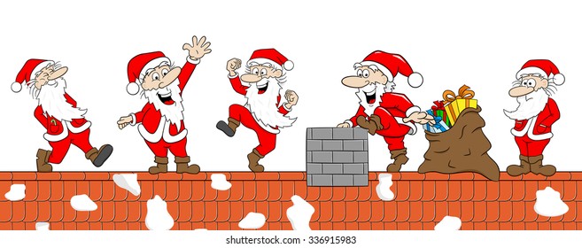 vector illustration of group of  santas at work on a roof