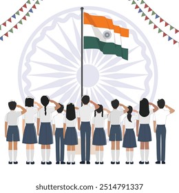 Vector illustration of a group of school children standing together and saluting the Indian National Flag to show patriotism and national pride