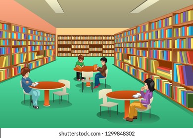 A vector illustration of Group of School Kids Studying in Library