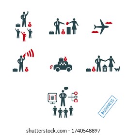 Ilustración vectorial de un grupo, un conjunto de iconos del mismo estilo, que muestra la secuencia de la historia de un viaje de negocios antes de llegar a casa