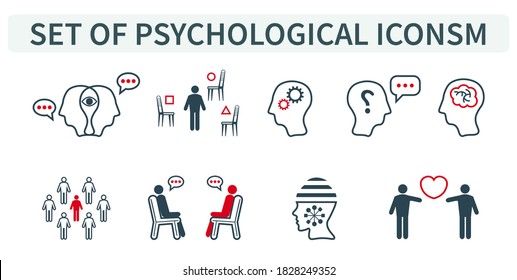 Vector illustration of a group, a set of icons, miniature infographics in one style, personality psychology and counseling . Web icons.
