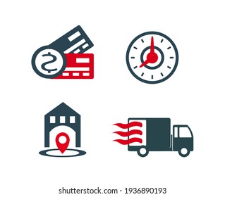 Vector illustration of a group, a set of icons, a miniature infographic in one style, delivery of goods, payment, order. Web icons. Sale.