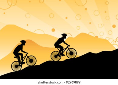 A vector illustration of a group of silhouette mountain bikers