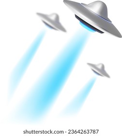 Vector illustration of group of silver color flying saucer with blue color glow trace on white background. 3d style design of ufo with lighting trace for web, site, banner, poster