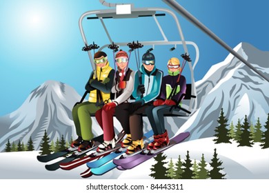 A vector illustration of a group of skiers sitting on a ski lift