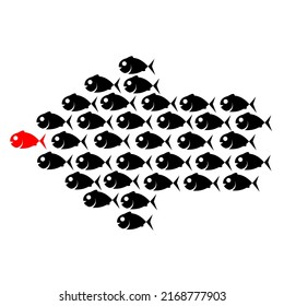 Vector illustration of a group of small fish swimming following their leader. Black fish colony design concept following red fish. Isolated on a white background. Great for logos about the sea.