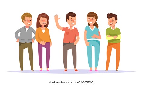 Vector illustration group smiling young people friends standing colorful clothes isolated white background. Cartoon style