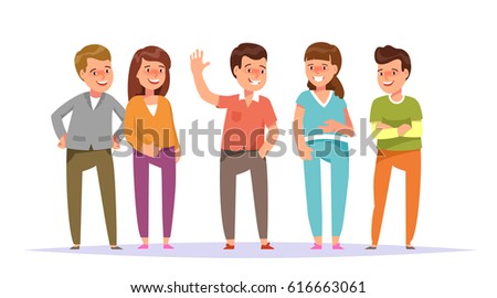 Vector illustration group smiling young people friends standing colorful clothes isolated white background. Cartoon style