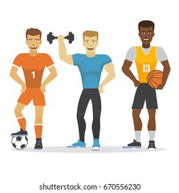 Vector illustration of group of sportsmen. Football player, athletic man and basketball player with balls and dumbbell. Flat style.