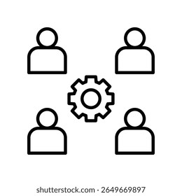 Ilustración vectorial de una estructura de grupo con un engranaje, significando trabajo en equipo y coordinación