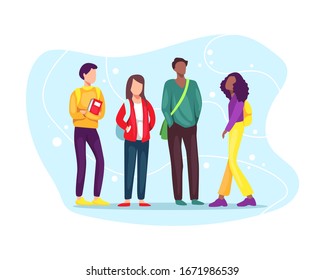 Vector illustration Group of students with books and backpacks. Multiethnic group of young students standing together, education and youth concept. Vector illustration in flat style