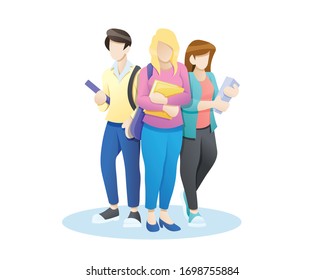 Vector illustration Group of students with books and backpacks. Group of young students standing together, education and youth concept. Vector illustration in flat style