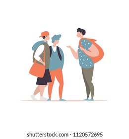 Vector illustration group students with briefcase are talking. Concept of a school friendship and communication modern style