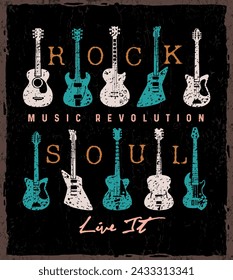 Vector illustration of a group of stylized guitars with lettering composition. Editable art in rustic lines for prints on t-shirts, posters, etc.