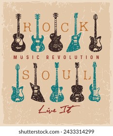 Vector illustration of a group of stylized guitars with lettering composition. Editable art in rustic lines for prints on t-shirts, posters, etc.
