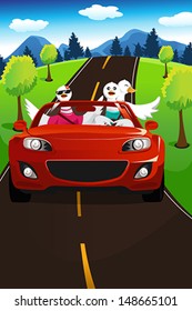 A vector illustration of group of swans going on a road trip 