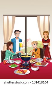 A vector illustration of group of teenager having fondue party