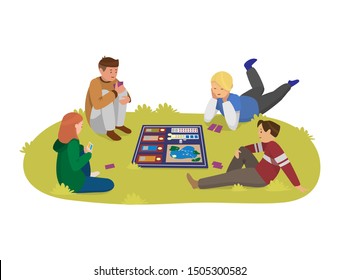 Vector Illustration Of Group Of Teenagers Playing Board Game Outdoors. Kids Having Fun. Friendship And Communication.