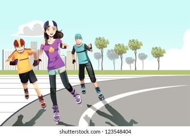 A vector illustration of a group of teenagers rollerblading in a park