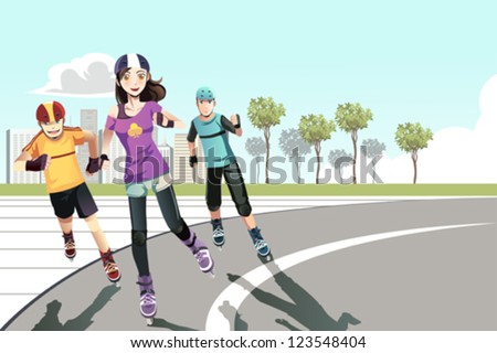 A vector illustration of a group of teenagers rollerblading in a park