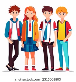 Vector illustration of a group of teenagers in school uniform standing together.