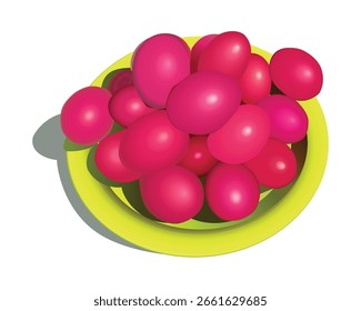 Ilustración vectorial de un grupo de telok abang (celebración del aniversario indonesio desde el sur de Sumatra) colocada en un contenedor verde brillante. Los huevos varían en color de rosa brillante a fucsia.