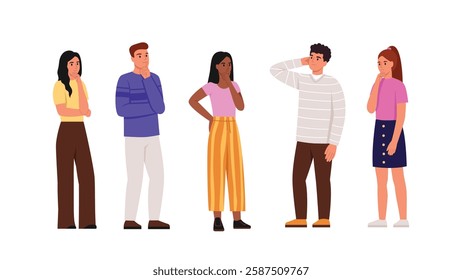 Vector illustration of a group of thinking boys and girls. Cartoon scene of boys and girls, dark-skinned and light-skinned thinking about a new project, business ideas isolated on a white background.